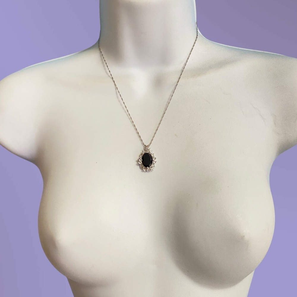 VJ Italy .925 Black Stone Pendant Filigree Rhinestones On 17' Chain - Picture 10 of 12